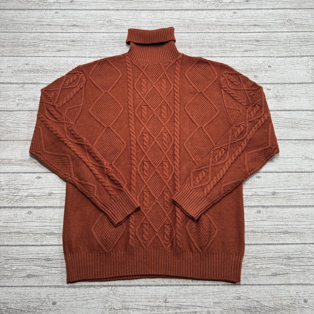 Paul Jones Sweater Men's Medium Rust Cable Knit Pullover Turtleneck Classic Fit